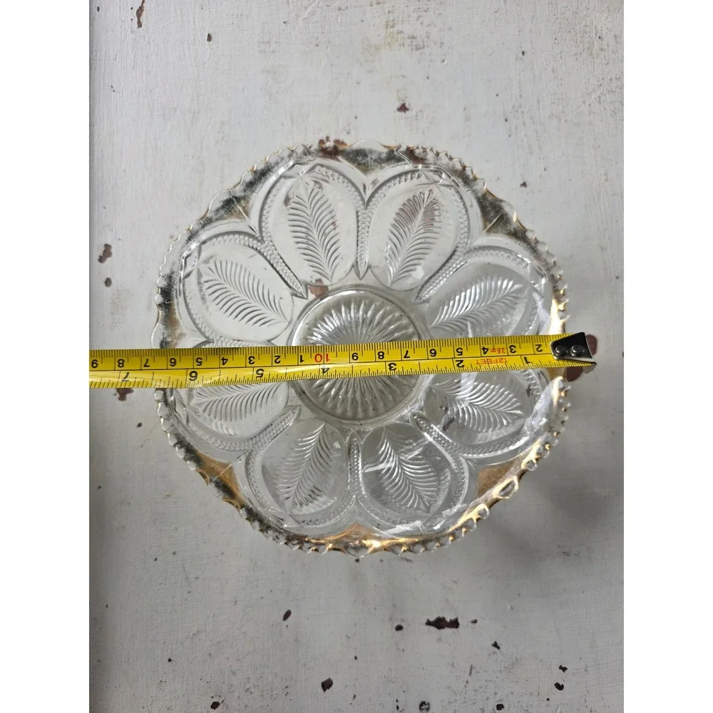 Antique Gold Trimmed Cut Glass Candy Dish Scalloped Feather Pattern Round Bowl